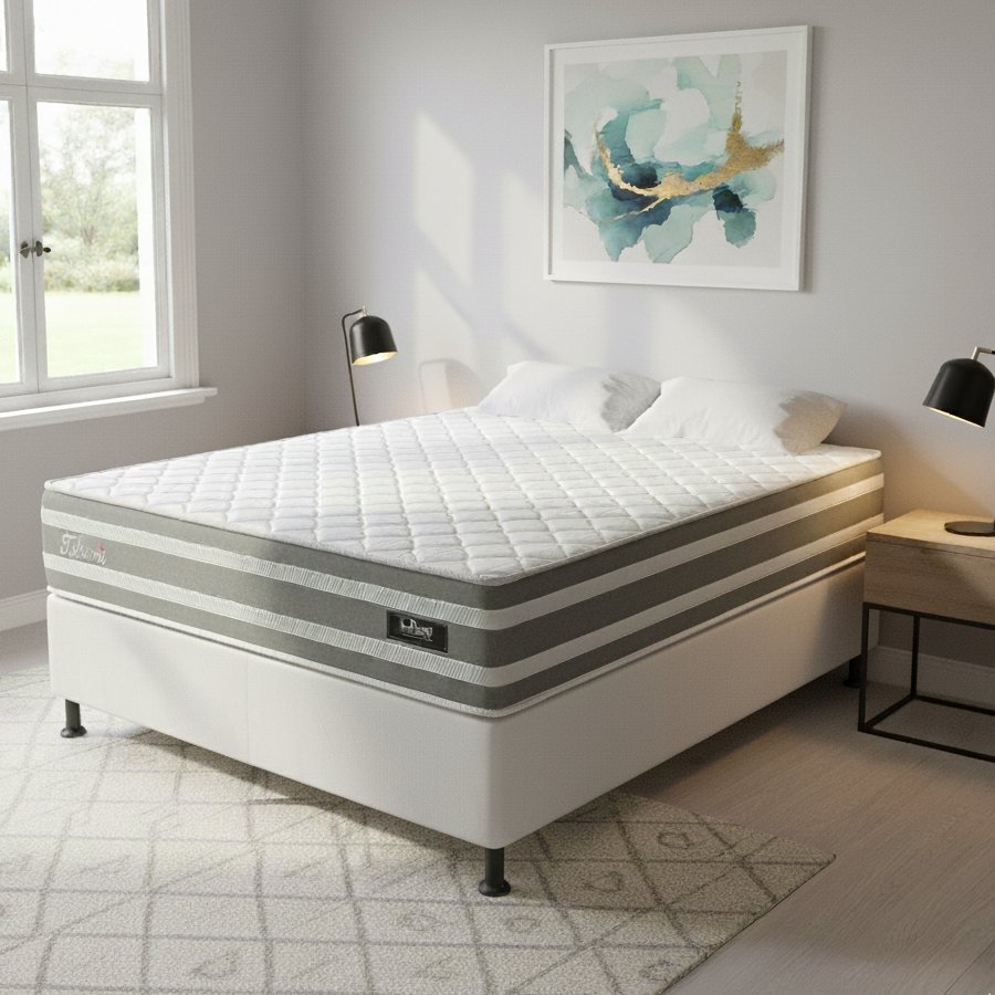 Colchão Casal Talismã 30 cm D28 Molas Ensacadas + Base Simples Corino Branco – DESIGN + ALTO NÍVEL