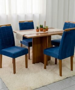 Mesa Salinas 100 (Tampo Dakota s/vidro) Cinamomo/Off White com 4 Cadeiras Las Vegas Veludo Azul 24 – CEL MÓVEIS + OURO DECOR