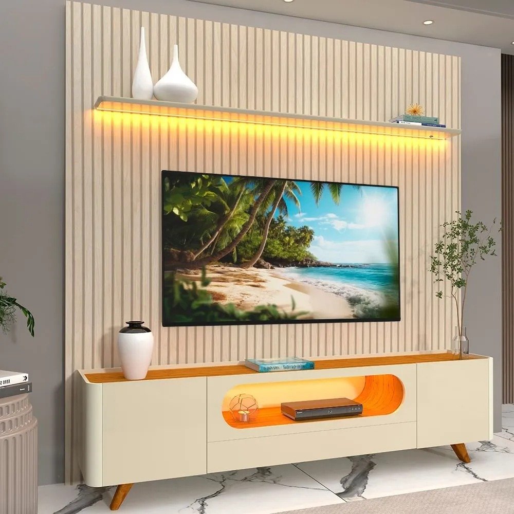 Painel até 85" Nobre 230 Off White + Rack Nobre 210 (Pés de Madeira) Off White/Naturale – GELIUS - Imagem 2