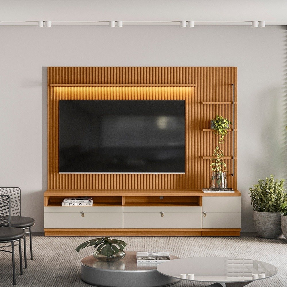 Painel até 75" + Rack + Módulo Lateral Ouro Preto Nature/Off White - LINEA BRASIL
