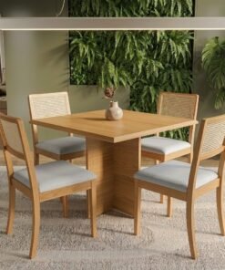 Mesa Pérola 90 Imbuia Mel (Tampo Viena s/vidro) com 4 Cadeiras Lola Linho Gelo A077A – CARVALHO DECOR + KAPPESBERG