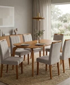 Mesa Capri 160 (S/Vidro) Laminado Natural com 6 Cadeiras Las Vegas Veludo Bege 01 – MÓVEIS VALVERDE + OURO DECOR
