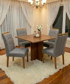 Mesa Salinas 100 (Tampo Dakota s/ vidro) Cinamomo com 4 Cadeiras Sophia Linho Cinza Grafite 206 – CEL MÓVEIS + WM DECOR