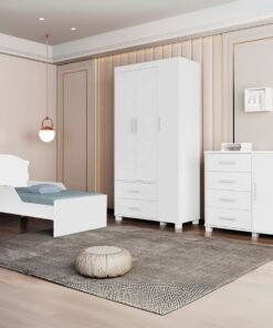 Guarda-Roupa 3 Portas + Cômoda + Mini Cama Juvenil Lívia Branco(Sem adesivo) – MADEC MÓVEIS