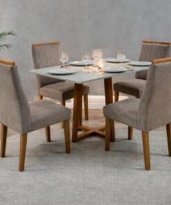 Mesa Pedro 120 Mel/Off White com 4 Cadeiras Gênova Veludo Bege Capuccino 506 – ART ASSENTOS