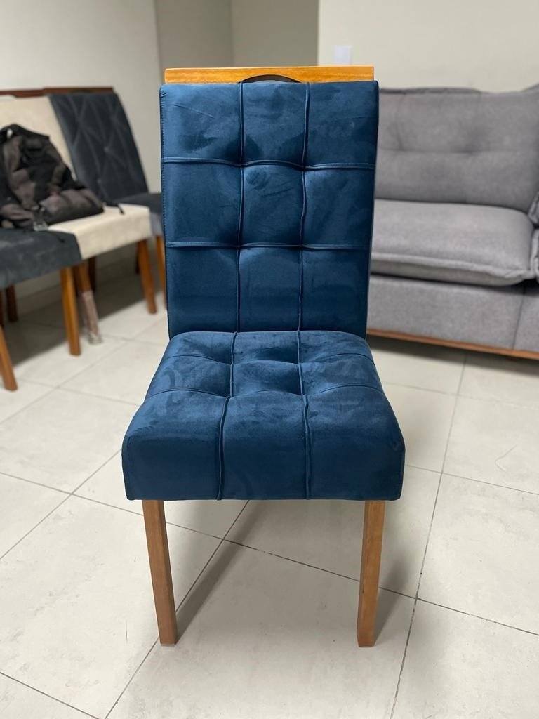 Mesa Salinas 120 (Tampo Londres s/ vidro) Cinamomo com 4 Cadeiras Sophia Veludo Azul – CEL MÓVEIS + WM DECOR - Imagem 2