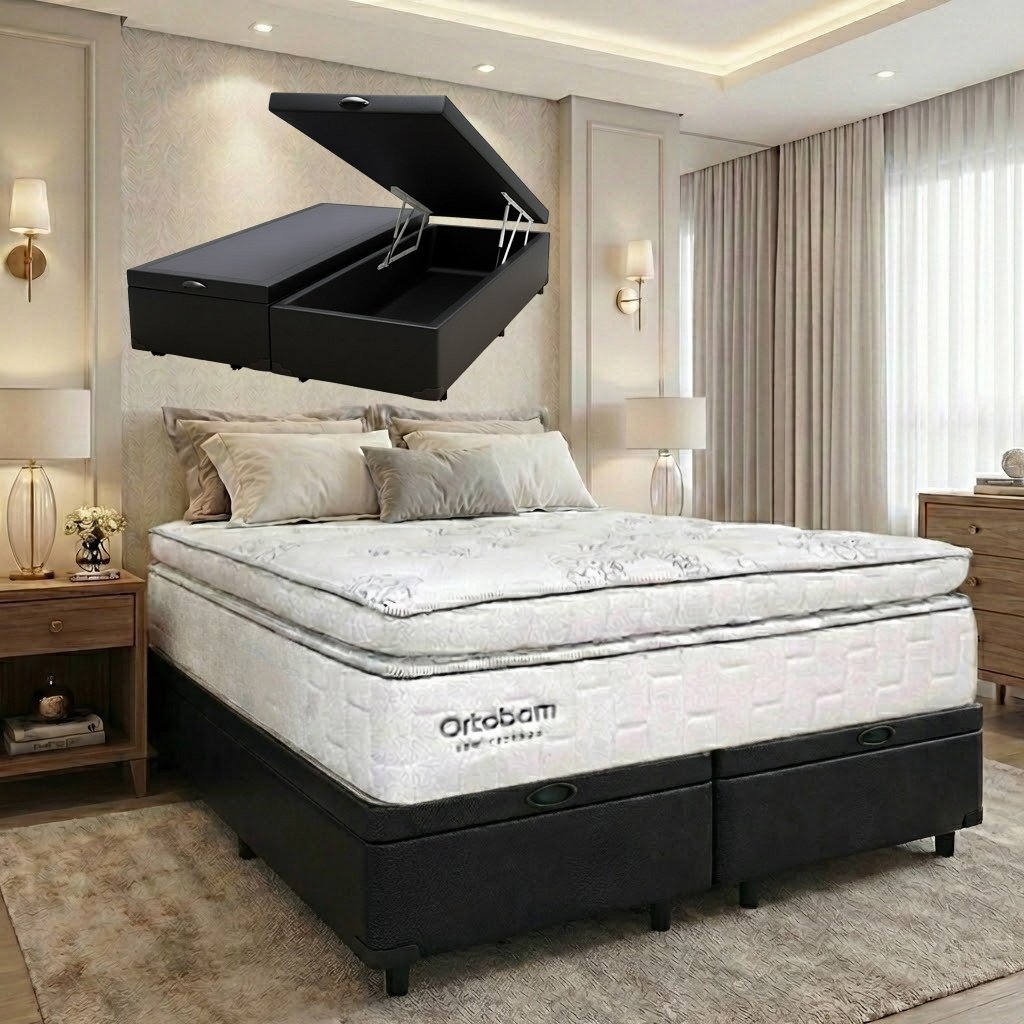 Colchão Queen New Freedom 32 cm D33 Molas Ensacadas + Base Baú Corino Preto – ORTOBOM + BIOSTAR