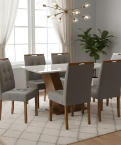 Mesa Classic 160 Cinamomo/Off White com 6 Cadeiras Sophia Linho Cinza Grafite 206 – CEL MÓVEIS + WM DECOR
