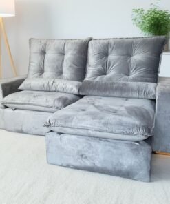 Sofá Retrátil e Reclinável Malu 2,90 m Veludo Cinza Grafite – D’VITRINE ESTOFADOS