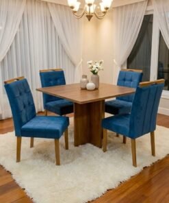 Mesa Salinas 100 (Tampo Dakota s/ vidro) Cinamomo com 4 Cadeiras Sophia Veludo Azul – CEL MÓVEIS + WM DECOR