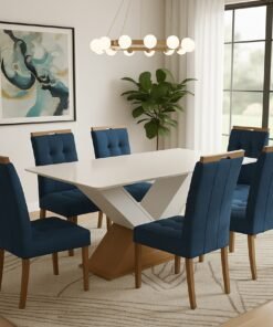 Mesa Amora BA35 160 Canela/Off White com 6 Cadeiras Sophia Veludo Azul – KAPPESBERG + WM DECOR