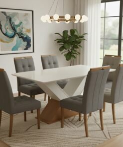Mesa Amora BA35 160 Canela/Off White com 6 Cadeiras Sophia Veludo Cinza Grafite – KAPPESBERG + WM DECOR