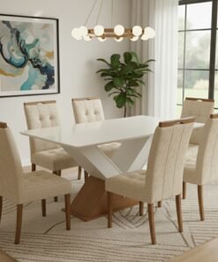 Mesa Amora BA35 160 Canela/Off White com 6 Cadeiras Sophia Linho Bege 200 – KAPPESBERG + WM DECOR