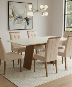 Mesa Damiana BA56 160 Canela/Off White com 6 Cadeiras Sophia Veludo Bege – KAPPESBERG + WM DECOR