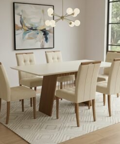 Mesa Damiana BA56 160 Canela/Off White com 6 Cadeiras Sophia Linho Bege 200 – KAPPESBERG + WM DECOR