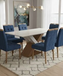 Mesa Graviola BA29 160 Canela/Off White com 6 Cadeiras Sophia Veludo Azul – KAPPESBERG + WM DECOR