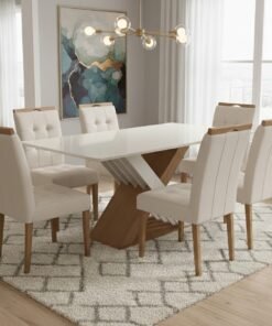 Mesa Graviola BA29 160 Canela/Off White com 6 Cadeiras Sophia Veludo Bege – KAPPESBERG + WM DECOR