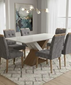 Mesa Graviola BA29 160 Canela/Off White com 6 Cadeiras Sophia Veludo Cinza Grafite – KAPPESBERG + WM DECOR