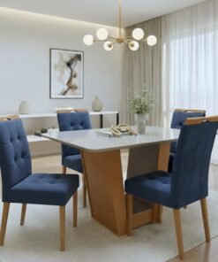 Mesa Apogeu (Tampo Maxi) 120 Amêndoa Clean/Off White com 4 Cadeiras Sophia Veludo Azul – LOPAS + WM DECOR