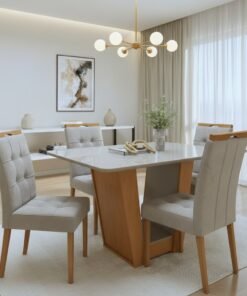 Mesa Apogeu (Tampo Maxi) 120 Amêndoa Clean/Off White com 4 Cadeiras Sophia Veludo Bege – LOPAS + WM DECOR