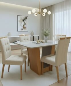 Mesa Apogeu (Tampo Maxi) 120 Amêndoa Clean/Off White com 4 Cadeiras Sophia Linho Bege 200 – LOPAS + WM DECOR