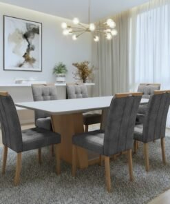 Mesa Apogeu (Tampo Maxi) 170 Amêndoa Clean/Off White com 6 Cadeiras Sophia Veludo Cinza Grafite – LOPAS + WM DECOR