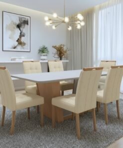 Mesa Apogeu (Tampo Maxi) 170 Amêndoa Clean/Off White com 6 Cadeiras Sophia Linho Bege 200 – LOPAS + WM DECOR