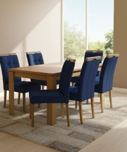 Mesa Athenas 180 Amêndoa Clean com 6 Cadeiras Sophia Veludo Azul – LOPAS + WM DECOR