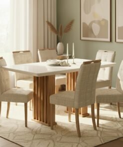 Mesa Mona/Munique 160 Mel/Blonde Off White com 6 Cadeiras Sophia Linho Bege 200 – VIERO + WM DECOR