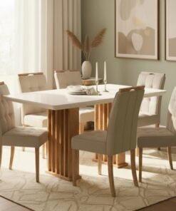 Mesa Mona/Munique 160 Mel/Blonde Off White com 6 Cadeiras Sophia Veludo Bege – VIERO + WM DECOR