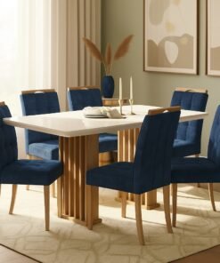 Mesa Mona/Munique 160 Mel/Blonde Off White com 6 Cadeiras Sophia Veludo Azul – VIERO + WM DECOR