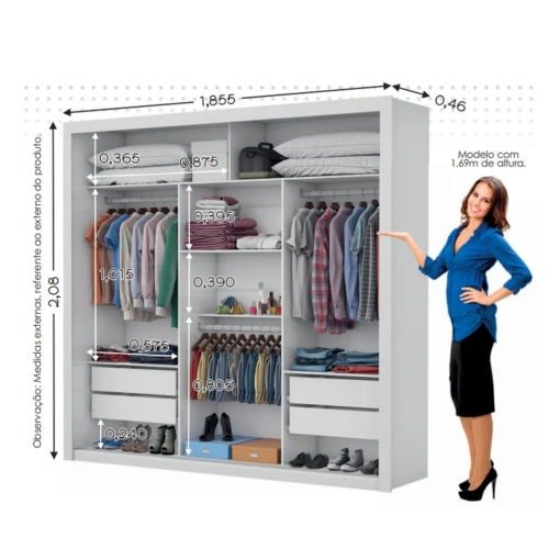 Guarda-Roupa 3 Portas Veneza/Clara/Berlim Plus (1 porta espelhada) 1,855 m Branco - CARIOCA MÓVEIS - Imagem 3