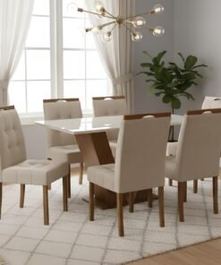 Mesa Classic 160 Cinamomo/Off White com 6 Cadeiras Sophia Linho Bege 200 – CEL MÓVEIS + WM DECOR