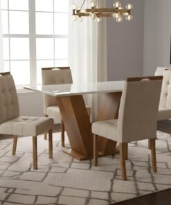 Mesa Classic 120 Cinamomo/Off White com 4 Cadeiras Sophia Veludo Bege – CEL MÓVEIS + WM DECOR