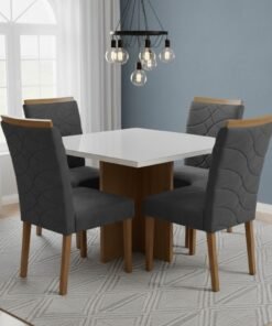 Mesa Salinas/Helô/Los Angeles 90 Cinamomo/Off White com 4 Cadeiras Safira Veludo Cinza Grafite – CEL MÓVEIS + WM DECOR