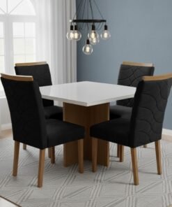 Mesa Salinas/Helô/Los Angeles 90 Cinamomo/Off White com 4 Cadeiras Safira Veludo Preto – CEL MÓVEIS + WM DECOR