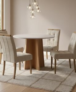 Mesa Redonda Celebrare 100 Amêndoa Clean/Off White com 4 Cadeiras Sophia Linho Bege 200 – LOPAS + WM DECOR