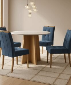 Mesa Redonda Celebrare 100 Amêndoa Clean/Off White com 4 Cadeiras Sophia Veludo Azul – LOPAS + WM DECOR