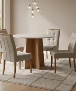 Mesa Redonda Celebrare 100 Amêndoa Clean/Off White com 4 Cadeiras Sophia Veludo Bege – LOPAS + WM DECOR
