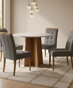 Mesa Redonda Celebrare 100 Amêndoa Clean/Off White com 4 Cadeiras Sophia Veludo Cinza Grafite – LOPAS + WM DECOR