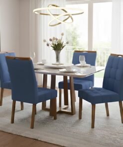 Mesa Pedro 120 Mel/Off White com 4 Cadeiras Sophia Veludo Azul – ART ASSENTOS + WM DECOR