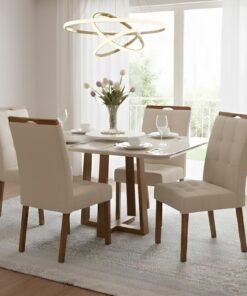 Mesa Pedro 120 Mel/Off White com 4 Cadeiras Sophia Linho Bege 200 – ART ASSENTOS + WM DECOR