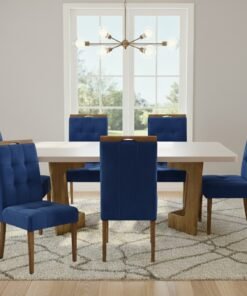 Mesa Liz 160 (Tampo 40 mm) Cinamomo/Off White com 6 Cadeiras Sophia Veludo Azul – VALDEMÓVEIS + WM DECOR