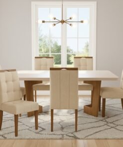 Mesa Liz 160 (Tampo 40 mm) Cinamomo/Off White com 6 Cadeiras Sophia Linho Bege 200 – VALDEMÓVEIS + WM DECOR