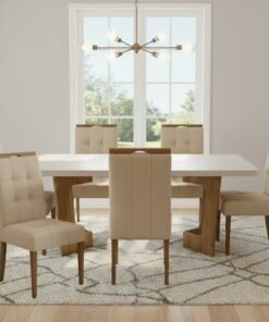 Mesa Liz 160 (Tampo 40 mm) Cinamomo/Off White com 6 Cadeiras Sophia Veludo Bege – VALDEMÓVEIS + WM DECOR