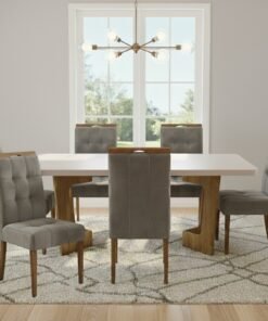 Mesa Liz 160 (Tampo 40 mm) Cinamomo/Off White com 6 Cadeiras Sophia Veludo Cinza Grafite – VALDEMÓVEIS + WM DECOR