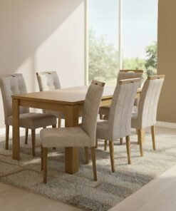Mesa Athenas 180 Amêndoa Clean com 6 Cadeiras Sophia Veludo Bege – LOPAS + WM DECOR