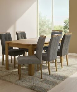 Mesa Athenas 180 Amêndoa Clean com 6 Cadeiras Sophia Veludo Cinza Grafite – LOPAS + WM DECOR