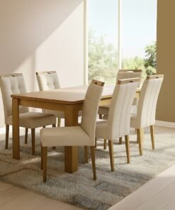 Mesa Athenas 180 Amêndoa Clean com 6 Cadeiras Sophia Linho Bege 200 – LOPAS + WM DECOR