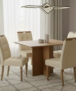 Mesa Pérola 120 Imbuia Mel (Tampo Viena s/vidro) com 4 Cadeiras Sophia Linho Bege 200 – CARVALHO DECOR + WM DECOR